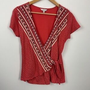 Lucky Brand Wrap Tie Waist Short Sleeve Blouse Top XS
